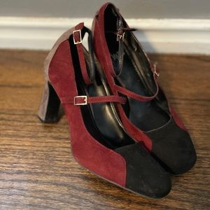 3 tone suede heels ankle buckle